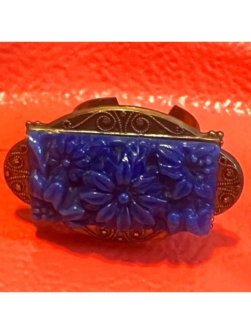 Vintage Rectangular Art Deco Ornate Pressed Blue Floral Molded Plastic Ring